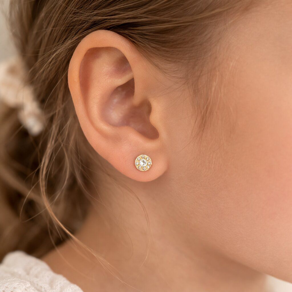 14K Gold Stud Earrings Gift for Girl 14K gold stud earrings with zircon stones presented as a gift for a young girl in a pink jewelry box