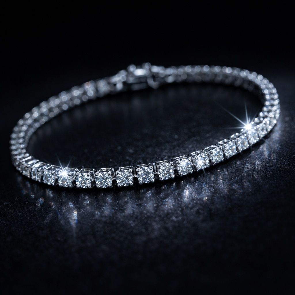 צמיד טניס כסף 925 - מראה יוקרתי ונוצץ Sterling silver 925 tennis bracelet with sparkling stones on dark background