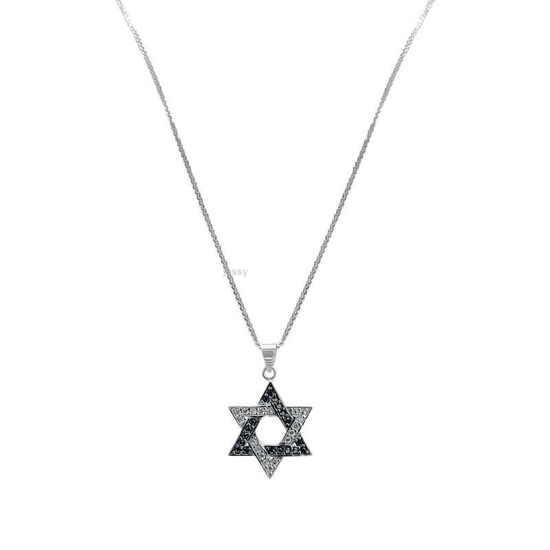 שרשרת ותליון מגן דוד זהב לבן 14K משובץ זרקונים שחורים ולבים JP104 שרשרת ותליון מגן דוד זהב לבן 14K משובץ זרקונים שחורים ולבים JP104