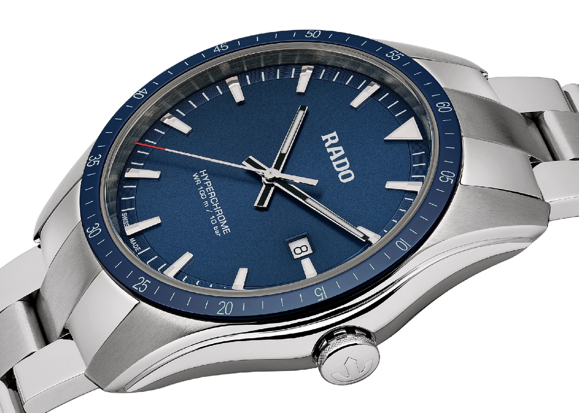 RADO HyperChrome R05023020 Blue Dial תקריב RADO HyperChrome R05023020 לוח כחול ובזל קרמי
