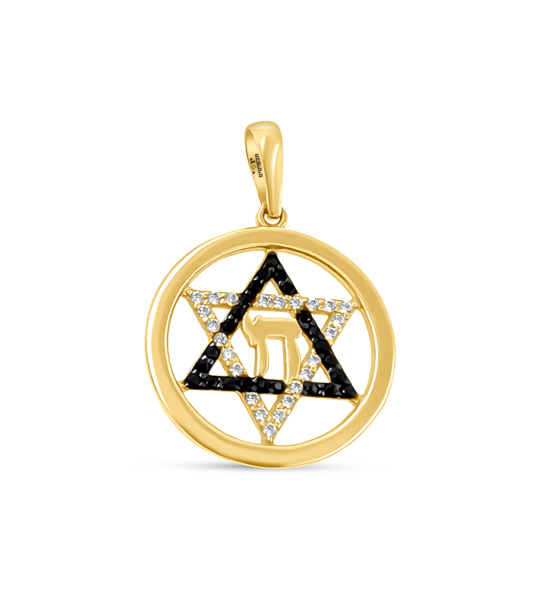 תליון מגן דוד עם חי בזהב צהוב 14K עם זרקונים שחורים ולבנים - JP237 תליון מגן דוד עם חי בזהב צהוב 14K עם זרקונים שחורים ולבנים - JP237