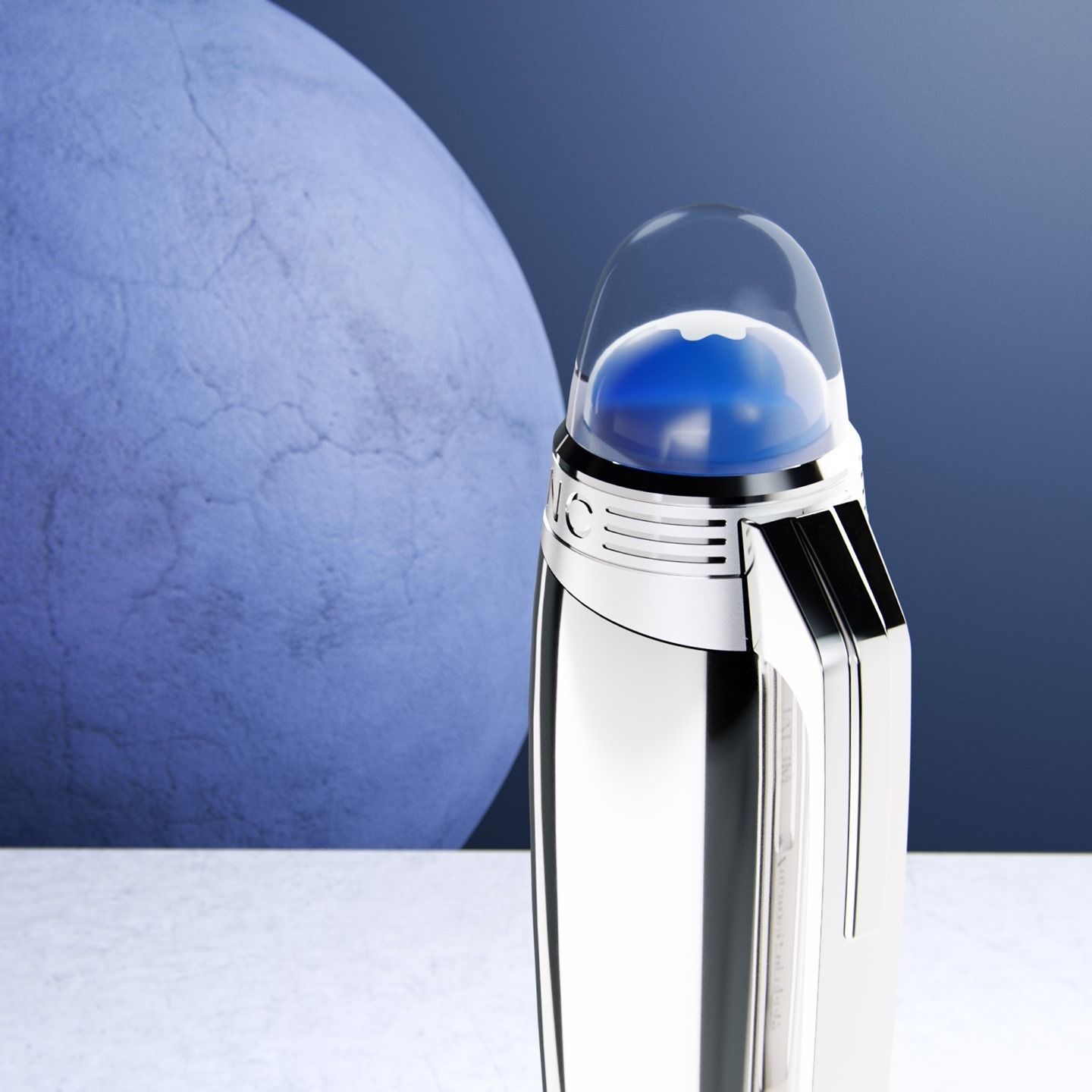 סמל Montblanc המרחף בכיפה הכחולה של StarWalker על רקע הירח